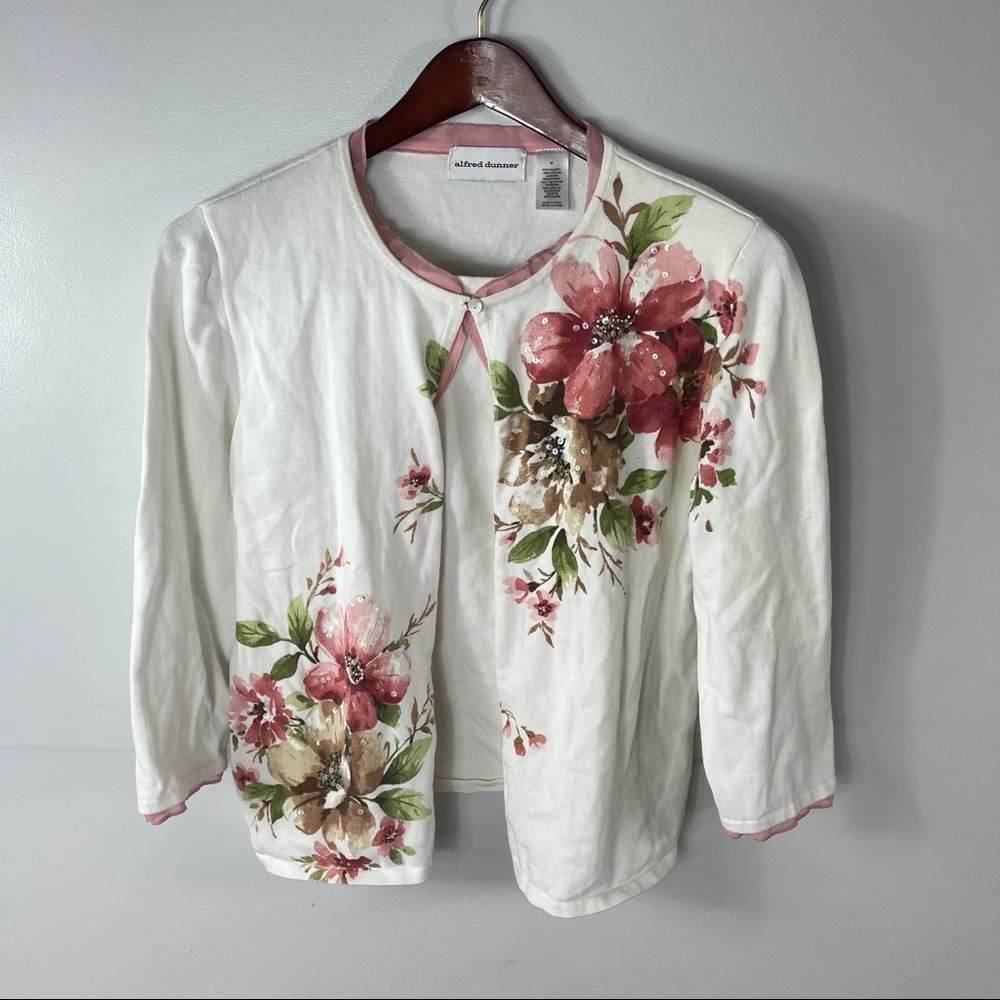 Alfred Dunner White Floral Print Sweater Med
